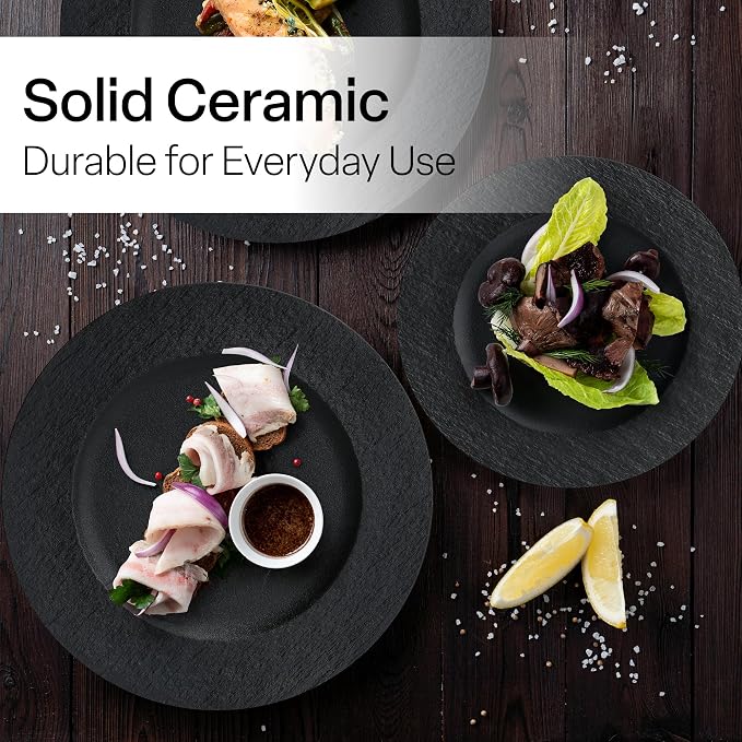 MIAMIO - Set of 8 Dinner Plates, 4x Small Plates (9 inch), 4x Big Plates (11 inch), / 8-piece Ceramic Plate Set, Stoneware Crockery Set - Microwave & Dishwasher Safe - Oasis Collection (Black)