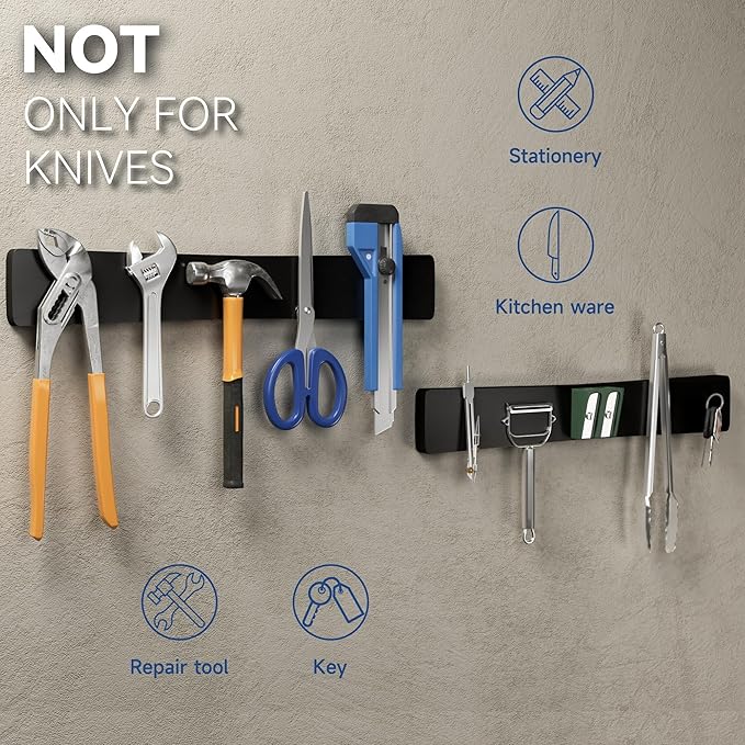 Magnetic Knife Holder for Wall, Acacia Wood Knife Magnetic Strip No Drill Knife Magnet Storage Bar Magnetic Tool Key Holder Strip for Kitchen Utensil Organizer (Black, 16 Inch)