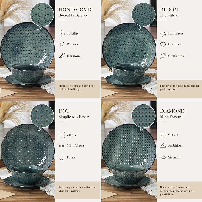 MALACASA 12 Pieces Dinnerware Sets, Farmhouse Plates and Bowls Sets, Embossed Green Dish Set for 4, Vintage Relief Ceramic Dish Set, Chip-Resistant, Microwave and Dishwasher Safe, Series LYDIA