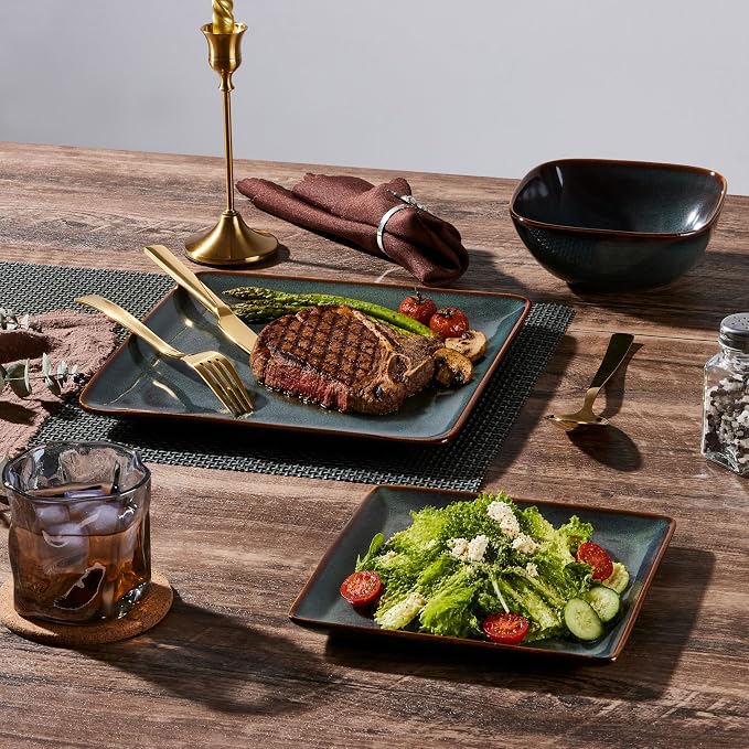 E-far Square plates and bowls Sets for 6, 18-Piece Reactive Glaze Stoneware Dinnerware Sets, Ceramic Dishes for Kitchen Dining, Microwave & Dishwasher Safe, Obsidian Green