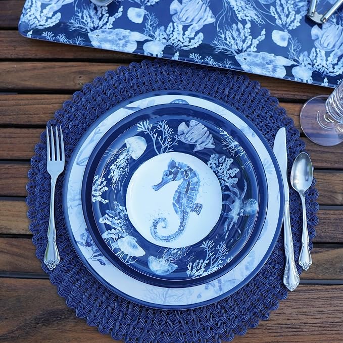 Sea Life Melamine 12 Piece Dinnerware Set – Service for 4 Coastal Themed Plates and Bowls with Ocean Art, Reusable Nautical Dinnerware for Indoor/Outdoor Dining, Dishwasher Safe, Break-Resistant