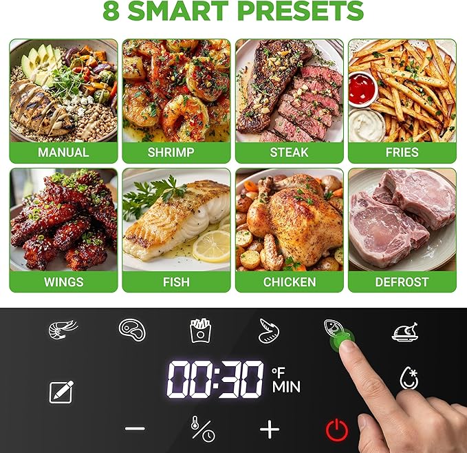 NutriChef 5.8 Quart Air Fryer | Glass Airfryer with 8-in-1 Digital Presets | Stainless Steel Fryer Design | Glass Fry Bowl with Flip-Up Safety Shield | Compact Air-Fryer for Even Cooking | White