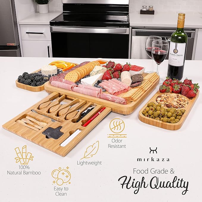 Bamboo Cheese Board and Knife Set, Wood Charcuterie Boards Set with Wine Glass Marker, Cheese boards Tray, Unique House warming Gifts for New Home, Gift Bridal Shower, Anniversary
