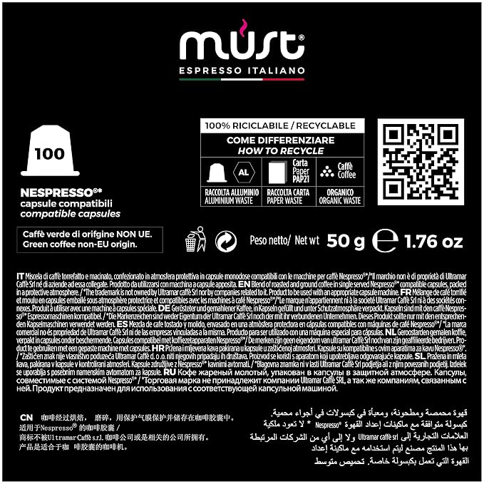 MUST, 100 Coffee Capsules in 100% Recyclable Aluminum, 100% Arabica Blend Intensity 6/8, 10 Packs of 10 Capsules, Compatible with Nespresso Machine, Made in Italy