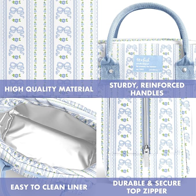 Fit & Fresh Bloomington Lunch Bag for Women - Insulated Large Lunch Box for Work with Containers, Leak-Resistant, Stain-Resistant, Zipper Closure, Blue Wallpaper Bows