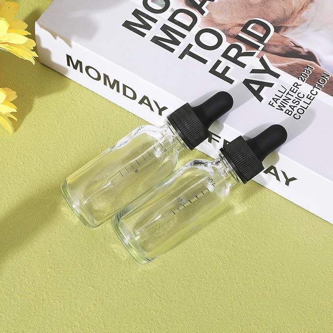 NOOEEISS 48 Pack,1oz Glass Dropper Bottle, Clear Tincture Bottles with Dropper, Pretty Finish for All Kinds of Liquids,Oil Bottles for Hair- Stronger Suction ideal for Leakproof Travel