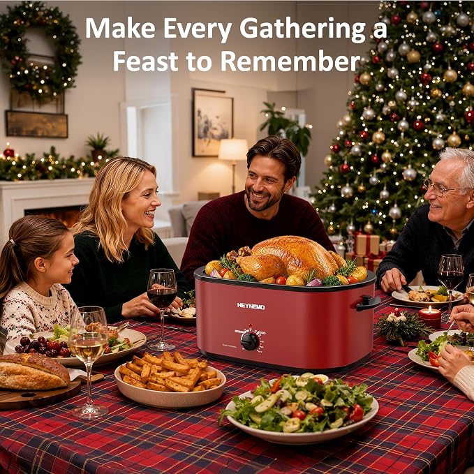 30 Quart Large Turkey Roaster with Defrost & Warm Functions, Electric Roaster Oven with Visible Self-Basting Lid, Adjustable Temperature Control, Removable Pan & Rack, Stainless Steel, Red