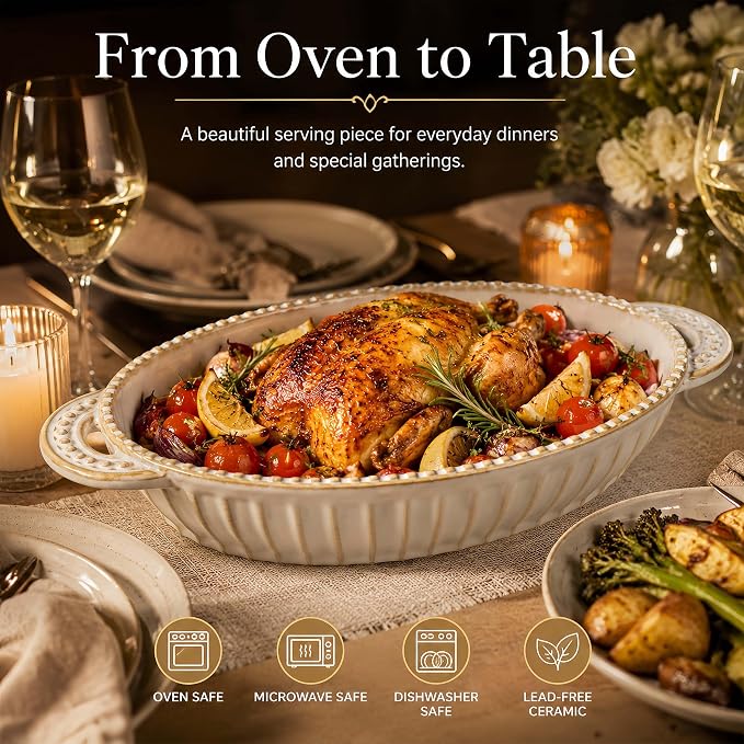 Casserole Dish for Oven, Ceramic Baking Dishes Set, Oval Hobnail Bakeware Set of 3, 9.25"/12.28"/14.37" Baking Dishes with Handle, Deep Lasagna Pan for Roasting, Holiday Dinner, Wedding Gifts, Arctic White