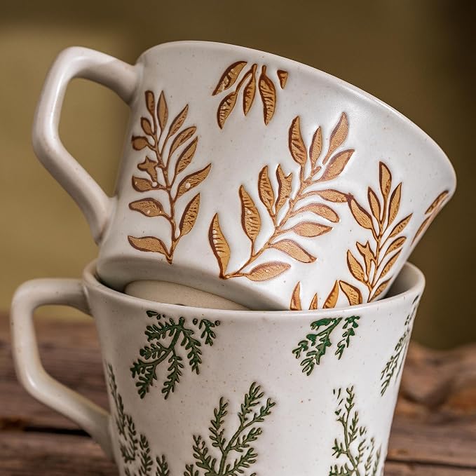 Coffee Mugs, Coffee Cup Set of 2, Ceramic Mug Set 11 oz and Spoons for Home & Kitchen, Embossment Leave Novel Cups for Coffee Tea Cocoa Milk Latte, Microwave Dishwasher Safe