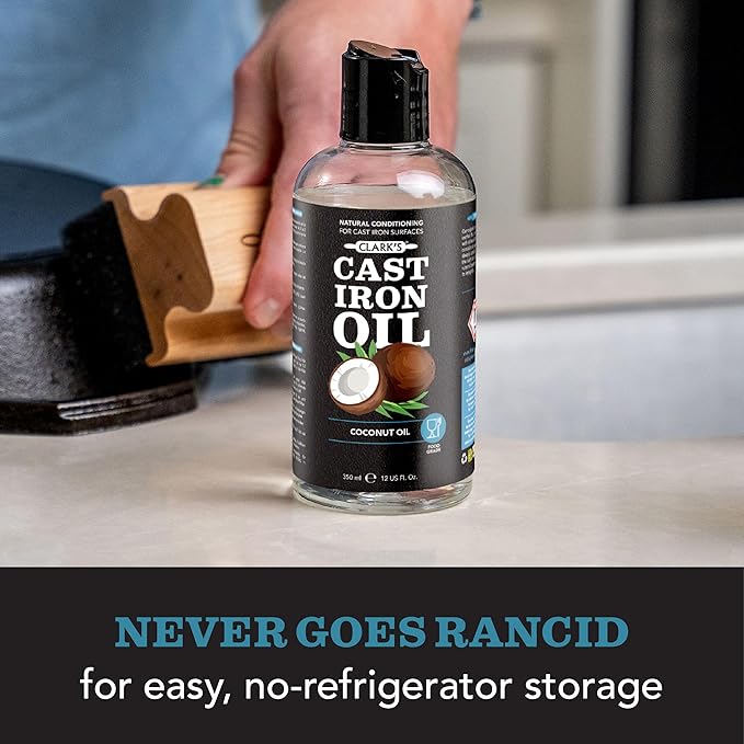 CLARK'S Cast Iron Cleaning Kit with Coconut Oil – Cast Iron Cleaner Set with Seasoning Oil, Soap, Scrub Brush, and Applicator Pad – Restore and Preserve Pan, Skillet, Grill, Dutch Oven, and Wok