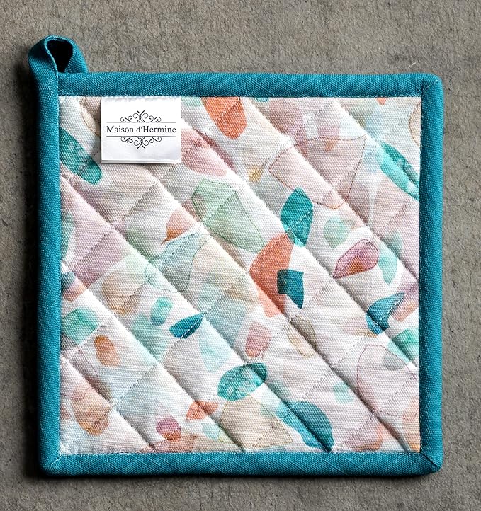 Maison d' Hermine Pot Holders 100% Cotton Heat Resistant Potholders 8" x 8" Hot Pads with Loop BBQ Cooking Baking Gifts for Mothers Day Handling Hot Pans Spring/Summer (Pack of 1, Summer Picnic)