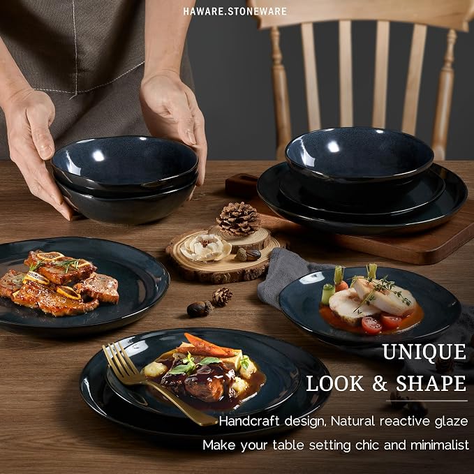 HaWare Plates and Bowls Set, Stoneware Dinnerware Sets, 16-Piece Hand-painted Dishware for 4, Ceramic Dish Set for Home Kitchen, Scratch Resistant, Microwave and Dishwasher Safe, Reactive Starry Blue