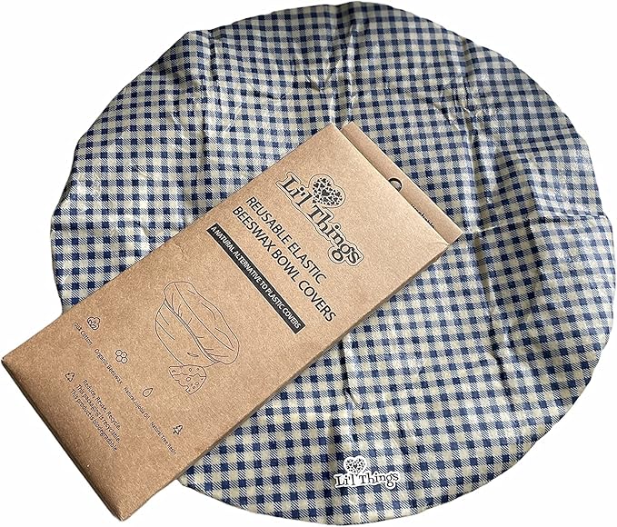 Beeswax Bowl Covers Set of 5 (XS–XL) – Reusable Elastic Food Covers for Bowls – Organic Cotton with Beeswax, Washable & Plastic-Free | Li’l Things – Checkered Plaid