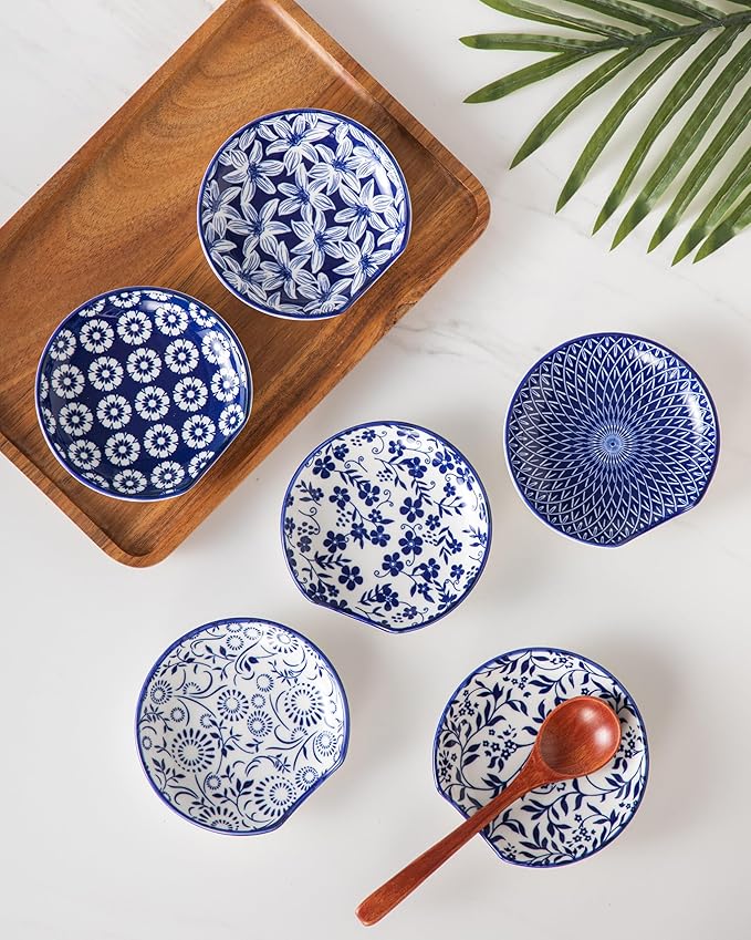 vancasso 6-Pack Ceramic Spoon Rest for Stove Top, Decorative Ceramic Cooking Spoon Holder for Kitchen Counter, 4.8 Inch Blue White Chinoiserie Floral Spoon Rest, Farmhouse Style, Heat-Resistant