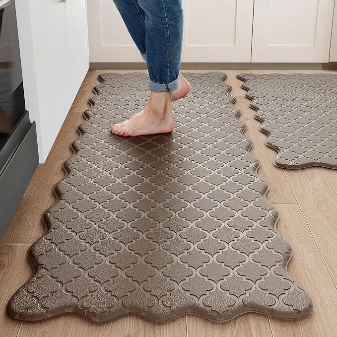 Arenarug Upgrade Scalloped Embossed Kitchen Mats for Floor 2PCS Cushioned Anti Fatigue Waterproof Foam Kitchen Rugs Non Slip Washable Comfort Standing Mat for Sink Laundry, 24"x39"+24"x59", Brown
