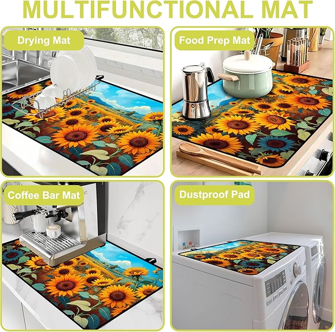 Glass stove top cover 28"x 20", Stove Top Covers for Electric Stove, Flat Range Mat for Glass Cooktop, Kitchen Heat-Resistant Protector Non-Slip Drying Mat (Sunflower)