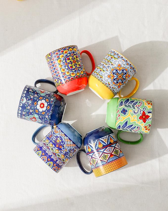 HENXFEN LEAD Boho Ceramic Coffee Mugs Set of 6, 14 oz Colorful Cups for Tea, Latte & Hot Chocolate – Microwave & Dishwasher Safe