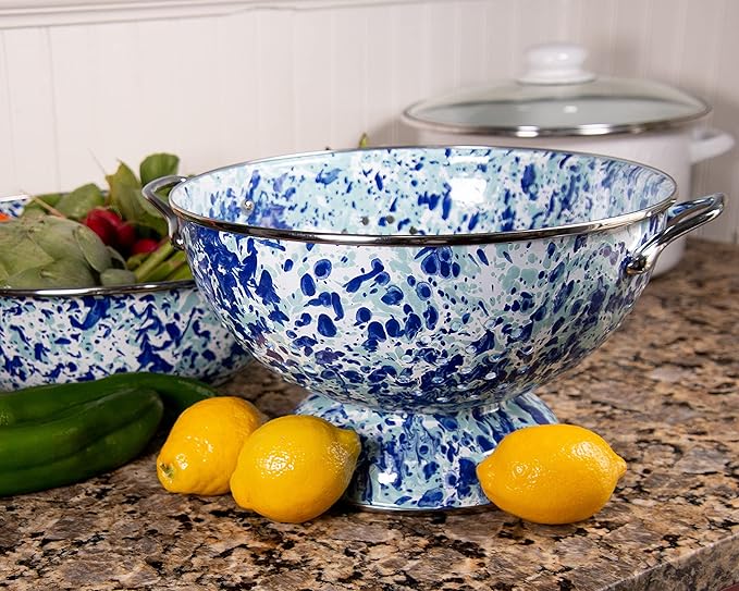Golden Rabbit Enamelware Large Colander, 5 quart, Ocean