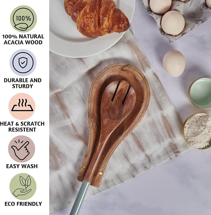 Folkulture Wooden Spoons for Cooking | 12" Premium Acacia Wooden Utensil Set of 5|Pot Holders for Kitchen | Pack of 2 (8x8) Ribbed Soft Silicone Hot Pads for Kitchen |Oven Pot Holders Set