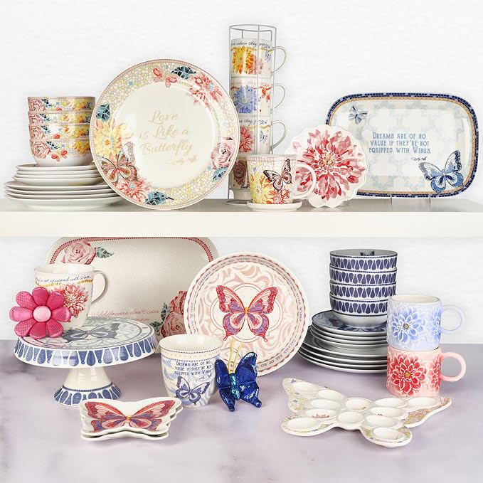 Dolly Parton 12 Piece Jeweled Mosaic Blue Butterfly Dinnerware Set Porcelain Dinner Plates Salad Plates Bowls, Service for 4, Microwave Dishwasher Safe