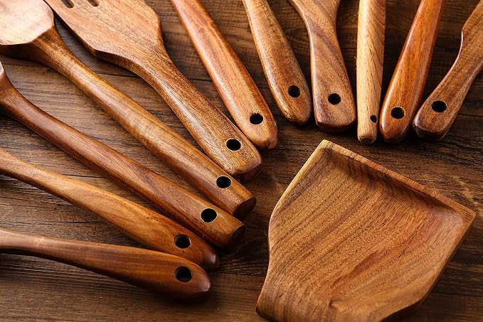 Kitchen Utensils Set, NAYAHOSE 12 Pcs Teak Wooden Cooking Spoons Spatula Spurtles Kit with Spoon Rest Whisk, Non-stick Natural Kitchen Tools