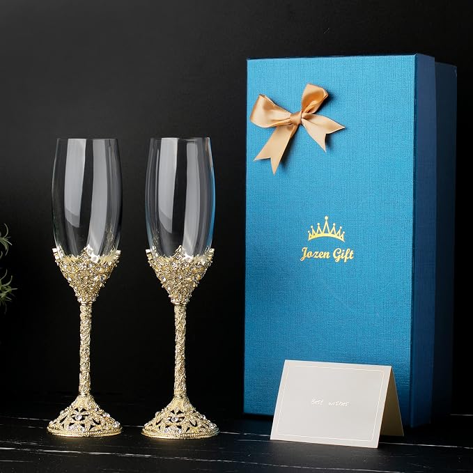 Gold Champagne Flutes - Crystal Glass Metal Base With Crystal Stones, Set of 2 Toasting Flute Pair, Wedding Anniversary Party Birthday Banquets and Gifts for Bride and Groom (Gold)