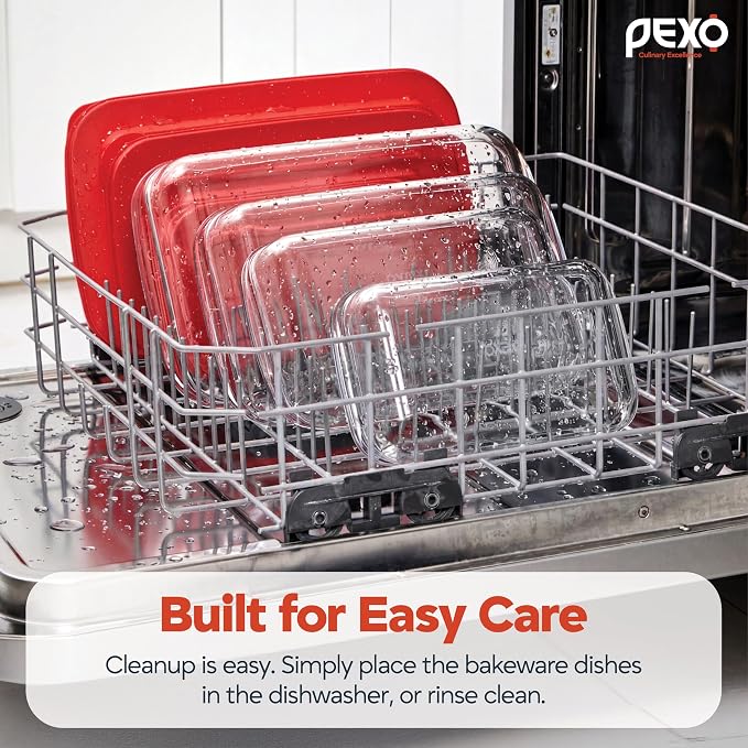 Pexo 8 Piece Glass Baking Dish Set with Plastic Lids, With Silicone Handles for Easy Grip (1.06QT, 1.69QT, 2.32QT, 3.17QT), Clear Glass Casserole Dishes for Oven, Airtight Lids, Glass Bakeware, Freezer, Oven, and Dishwasher safe (Red)
