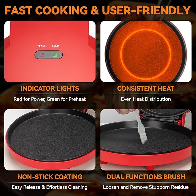 Baker’s Friend Countertop Pizza Maker Electric, 12 Inch Pizza Maker Machine for Home, Quesadilla Maker, Non-stick Cooking Plates, Horno Para Pizza, 1400W, Red