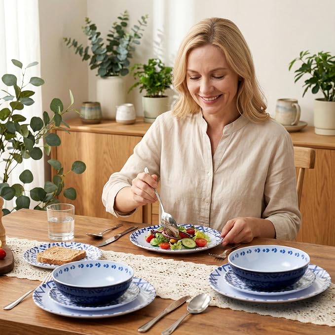 12pcs Melamine Dinnerware Set - Unbreakable Plates and Bowls Set- Blue Grid Stripes Design Dinner Dish Set - Modern Dinnerware Set for 4 - Break-Resistant Dishwasher Safe for Indoor/Outdoor Use