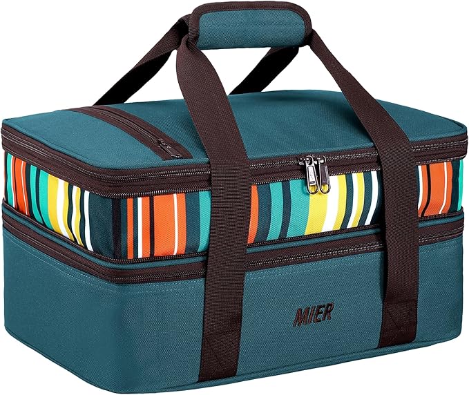 MIER Insulated Double Casserole Carrier Bag for Lasagna Lugger, Potluck Parties, Picnic, Beach, Fits 9 x 13 Inches Baking Dish, Casserole Dish, Expandable by Mid Zipper, Peacock Blue