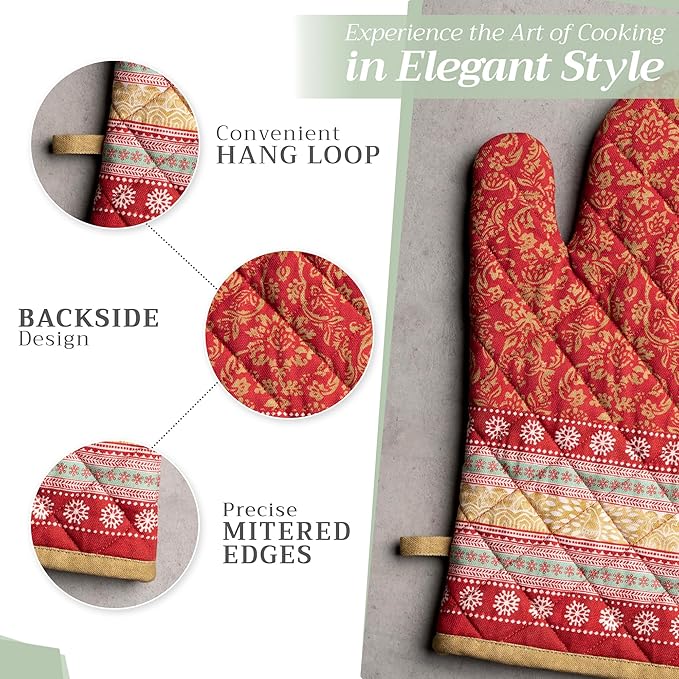 Maison d' Hermine Oven Gloves 100% Cotton Oven Mitt 7" x 13" with Loop Heat Resistant BBQ Cooking Gloves for Thanksgiving Christmas Decorations Baking Handling Hot Pans (Pack of 1, Sofia)