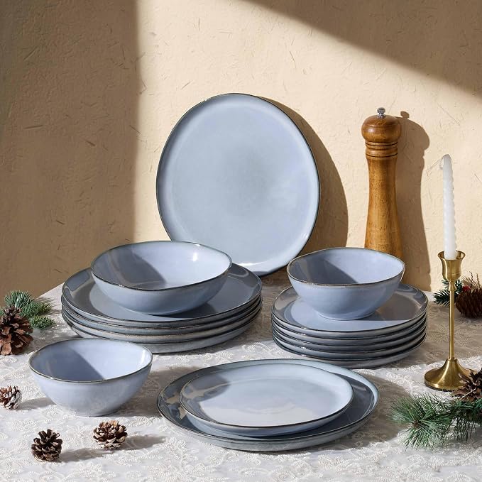 Herogo Stoneware Dinnerware Sets for 6, 18 Piece Ceramic Dinner Dishes Set, Irregular Handmade Plates and Bowls Dishware, Crack and Scratch Resistant, Reactive Glaze, Smoky Blue