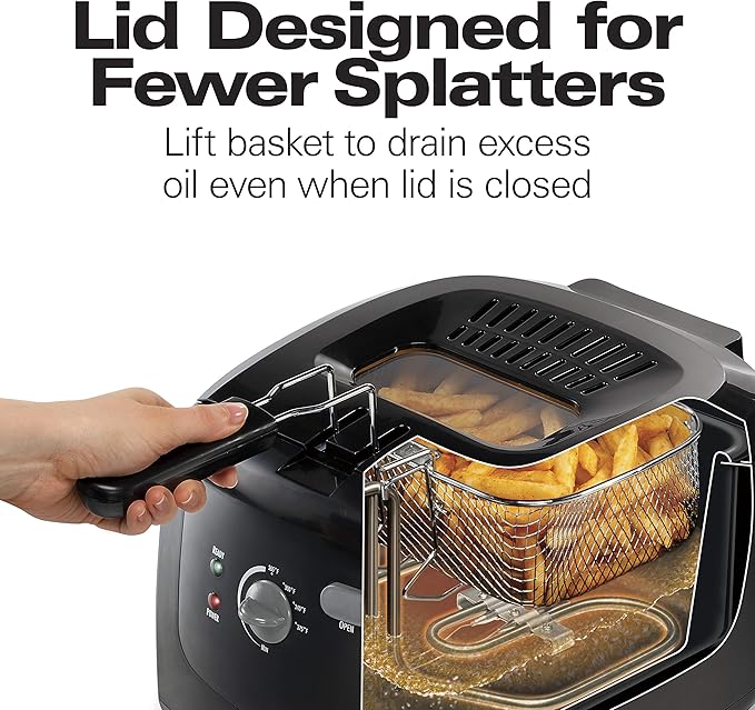 Hamilton Beach Cool Touch Electric Deep Fryer with Basket For Home Use | 2 Liter / 8 Cup Oil Capacity | 1500 Watts | Cool-Touch Sides | Lid With View Window | Adjustable Temperature | Black | 35021