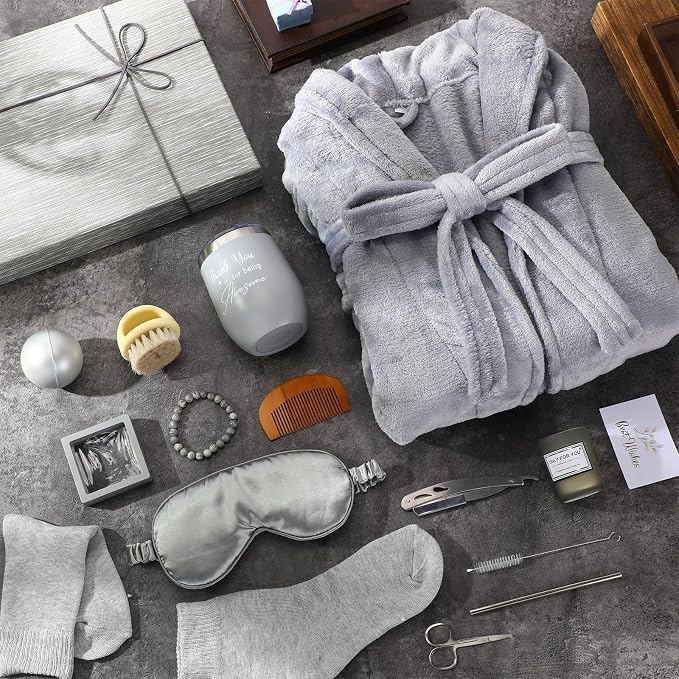 Nuogo 15 Pcs Birthday Gifts for Men Beard Care Set for Him Dad Birthday Gifts Basket Ideas Kit for Men Tumbler Bath Robe for Father's Day Dad Husband Boyfriend Box(Unhooded,Grey)