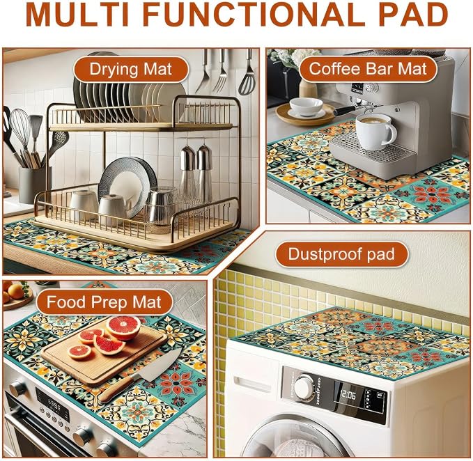 HOMETITUTE Stove Top Cover 28x20 Inch Diatomite Kitchen Mat Spanish Tile Boho Style Heat Resistant Coffee Mat Stove Cover for Electric Pad Countertop Protector Kitchen Decor