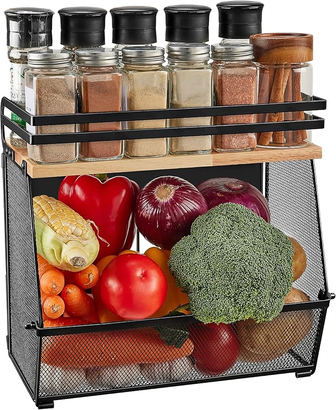 Imncya Magnetic Shelf for Refrigerator, Fridge Magnetic Fruit Basket Spice Rack with Wood Lid, Potato Onion Storage Organizer Magnetics Shelves for Refrigerator, Kitchen Counter, Pantry