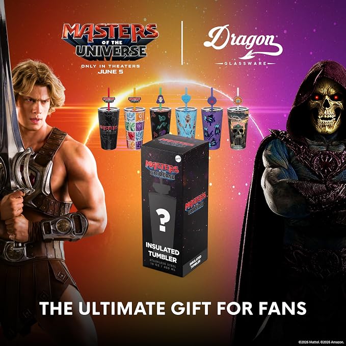Dragon Glassware x Masters of the Universe (MOTU) Vacuum Insulated Stainless Steel Tumbler - 16 oz with Straw Charm - Official 2026 Movie Merch - Mystery