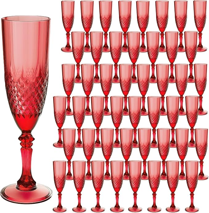 Plastic Champagne Flutes, Champagne Glasses Bulk, Reusable Unbreakable Acrylic Wine Glasses Goblets for Weddings Bachelor Parties Toasting Bridal Shower (48, Dark Red)