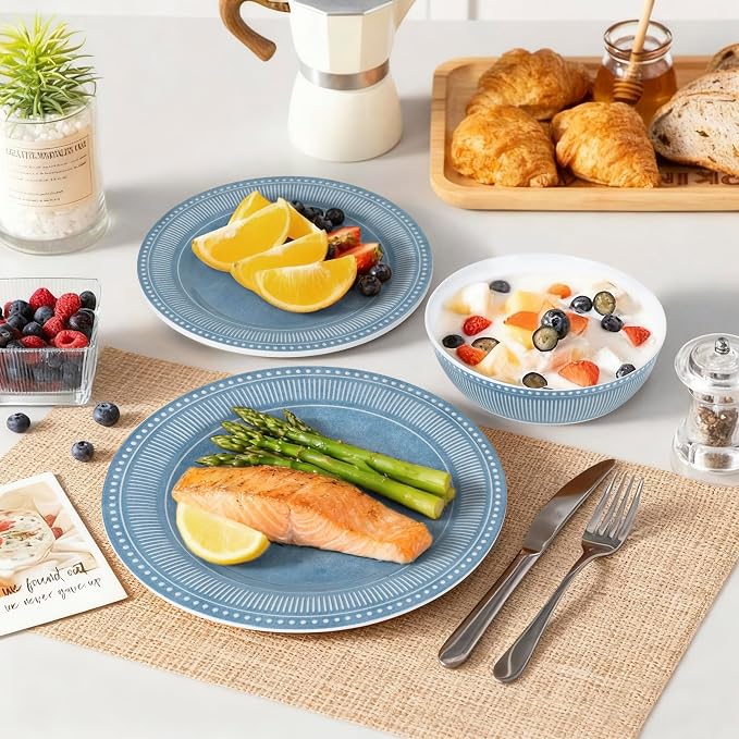AELS Melamine Dinnerware Set of 12 Pcs, Dinner Dishes Set for Indoor and Outdoor Use, Melamine Plates and Bowls Set for 4, Dishwasher Safe, Lightweight Unbreakable, BPA Free, Blue