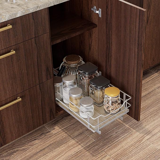 Home Zone Living Pull Out Kitchen Cabinet Organizer with Slide Out Drawer for Space Saving Storage, 11”W x 21”L, Satin Nickel Light Brown Wood Finish