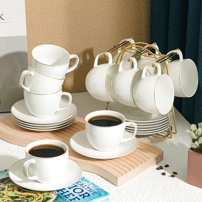 BTaT- Cappuccino Cups with Saucers 8 oz, Set of 12, White Porcelain Coffee Cup and Saucer Set for Latte with Golden Trim Design, Dishwasher Safe, Mocha, Tea, Au Lait, Flat White