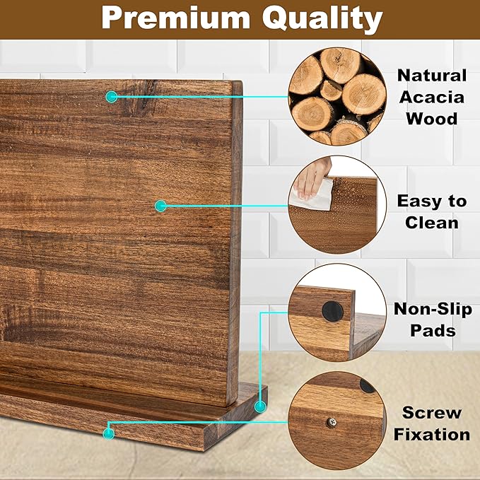 Magnetic Knife Holder,Double Sided Magnetic Knife Block for Kitchen Counter,Acacia Wood Strong Magnet Knife strip