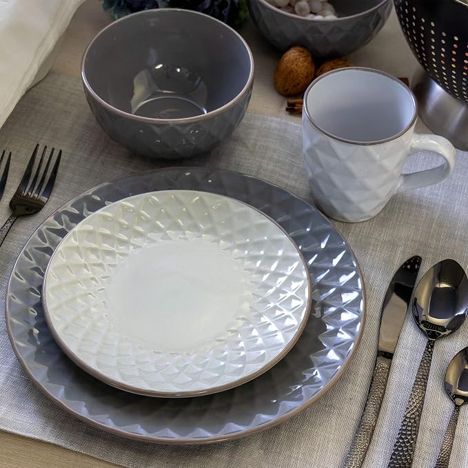 Elama Round Stoneware Collection Dinnerware Dish Set, 16 Piece, Slate and Pearl