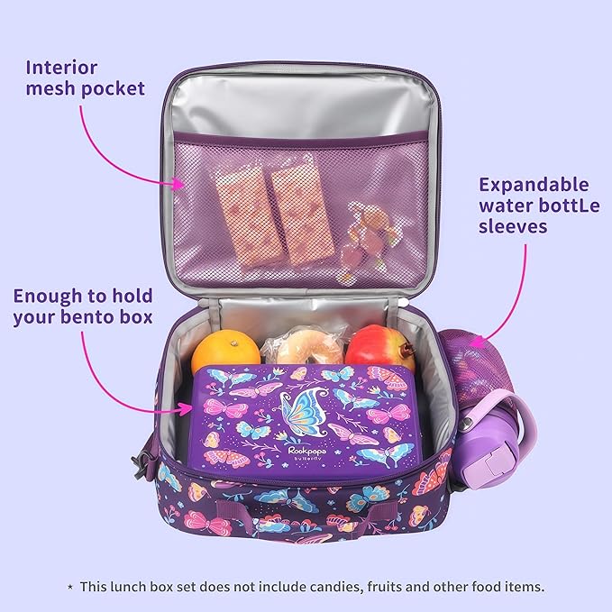 rockpapa Kids Lunch Box Set with 14oz Insulated Water Bottle & Lunch Bag, Leakproof 5.5 Cups Bento Box for School & Children, BPA-Free, Microwave Safe for Boys Girls (Purple Butterfly)
