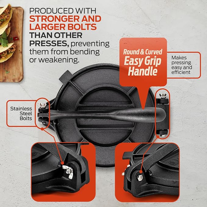 SIRCLES Tortilla Press 10 Inch Cast Iron - Extra Large, Heavy Duty 10 Inch Tortilla Press - Ebook 50 recipes - 5 Non-Slip Rubber Feet - Pre-Seasoned - Prensa Para Tortillas (Large 10 inch)