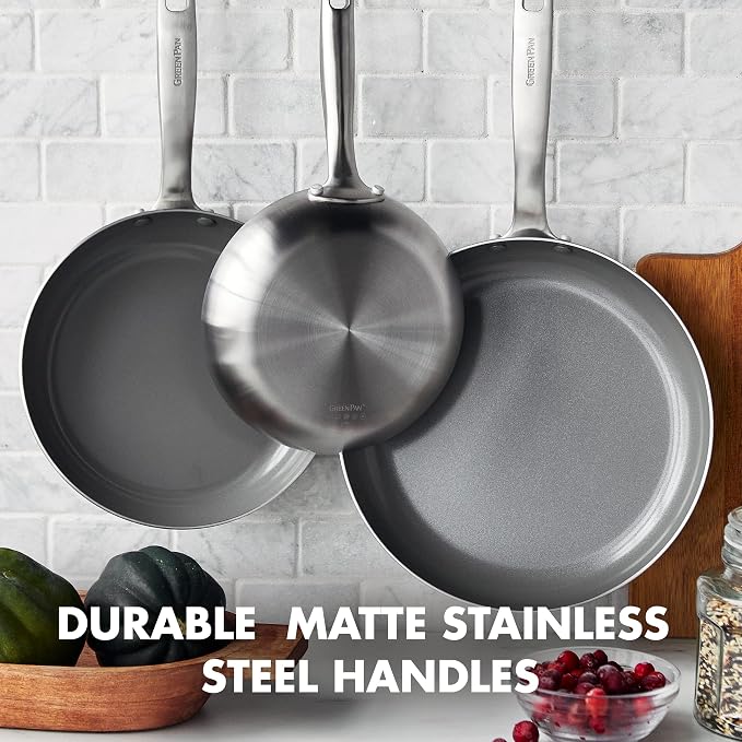 GreenPan Chatham Tri-Ply Stainless Steel 3-Piece Frying Pan Set, 8", 9.5", 11", PFAS-Free, Induction, Ceramic Nonstick Coating, Durable Cookware for Searing Sautéing & Frying, Oven & Dishwasher Safe