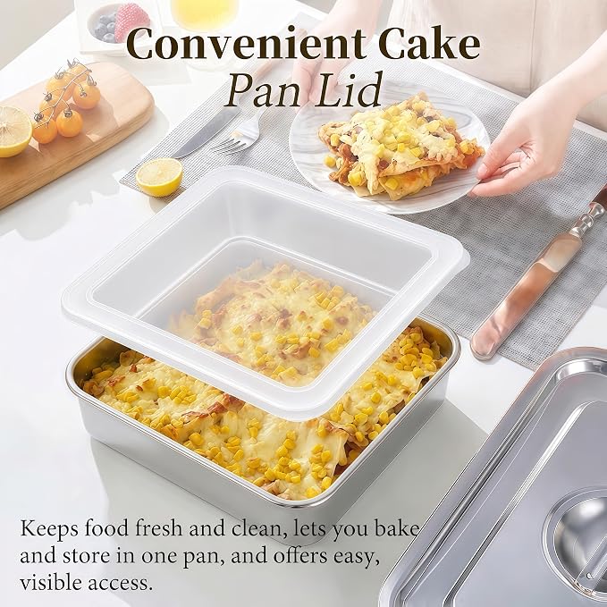 8x8 Stainless Steel Baking Pan with Lid, Square Brownie Cake Pan Set of 3 for Baking, Casserole and Meal Prep, 2 Inch Deep Metal Oven Pan, Dishwasher Safe