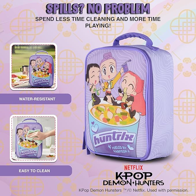 K-Pop Demon Hunters Huntrix Fueled by Ramyeon Lunch Box, Full Zip Around Insulated Lunch Tote Bag For Hot and Cold Food, Purple
