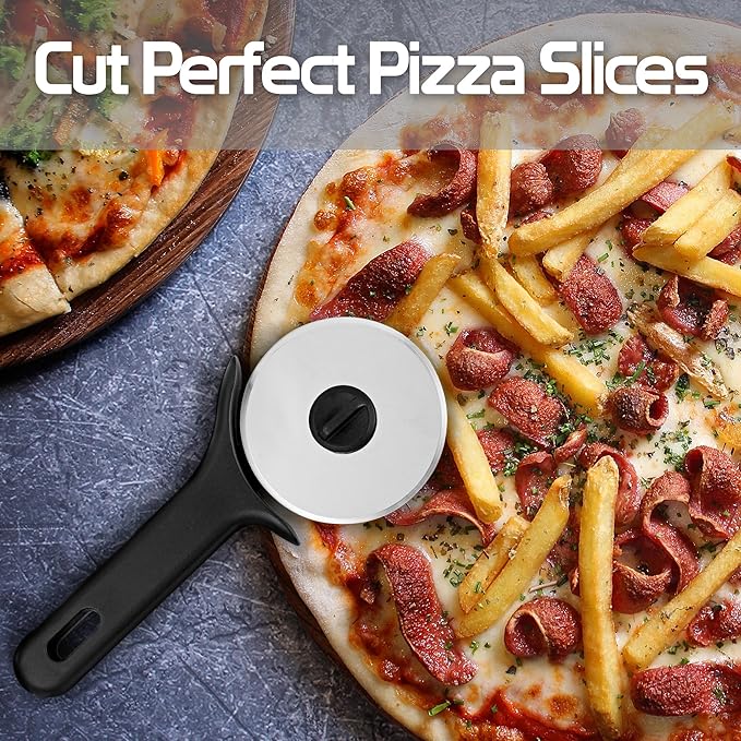 TJ POP Pizza Cutter 2 Pcs, Stainless Steel Pizza Cutter Wheel, Super Sharp Pizza Slicer, Easy to Cut & Clean, Dishwasher Safe Pizza Wheel-Black