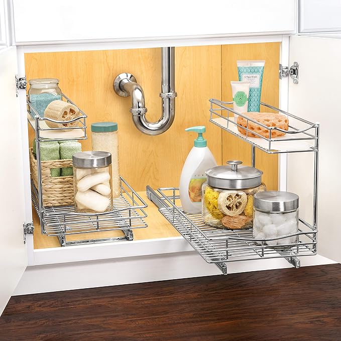 LYNK PROFESSIONAL® Pull Out Under Sink Kitchen Cabinet Organizer - 11.5 in. x 21 inch deep Drawer - Sliding Shelf Organizer for Cabinets and Undersink Storage Shelves - Lifetime Ltd. Warranty – Chrome